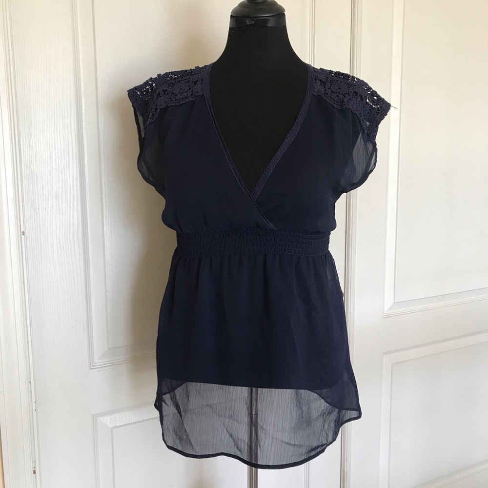 Xhilaration navy thin see-through top lace accent